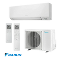 Daikin Perfera W white inverter air conditioner set with indoor and outdoor units and two remotes, 18,000 BTU, Wi-Fi enabled, energy efficient and quiet operation.