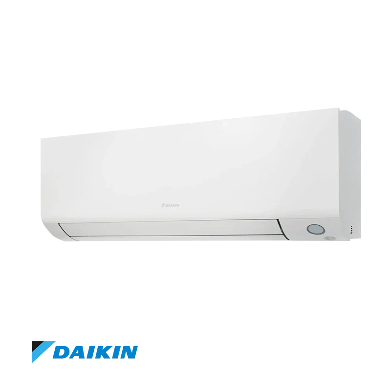 Daikin Perfera W white inverter air conditioner set with indoor and outdoor units and two remotes, 18,000 BTU, Wi-Fi enabled, energy efficient and quiet operation.