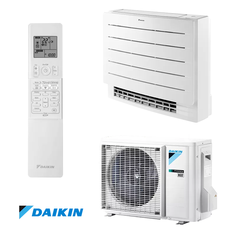 Daikin Perfera FVXM25B floor-standing inverter air conditioner with remote control and outdoor unit, energy efficient and quiet operation.