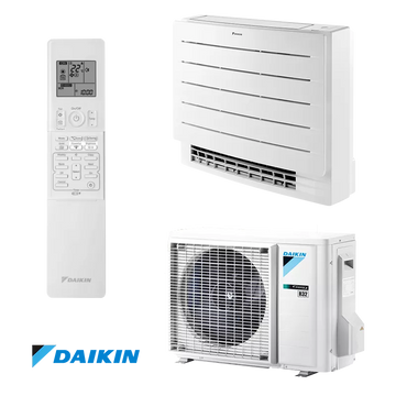 Daikin Perfera FVXM25B floor-standing inverter air conditioner with remote control and outdoor unit, energy efficient and quiet operation.