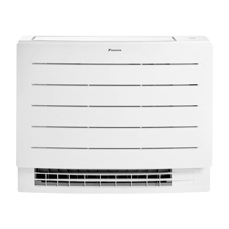 Daikin Perfera FVXM25B floor-standing inverter air conditioner with remote control and outdoor unit, energy efficient and quiet operation.