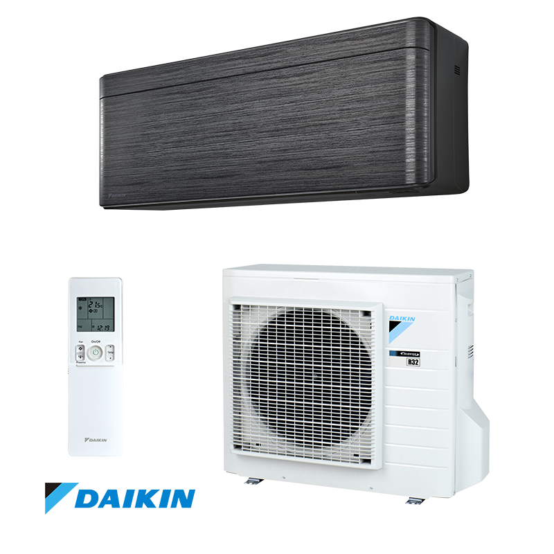 Daikin Stylish FTXA20BT inverter air conditioner with black wood indoor unit, white outdoor unit, remote control, 7,000 BTU capacity, Wi-Fi control, Coanda Effect, and energy-efficient R-32 refrigerant
