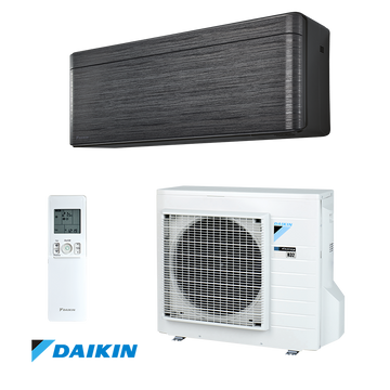 Daikin Stylish FTXA20BT inverter air conditioner with black wood indoor unit, white outdoor unit, remote control, 7,000 BTU capacity, Wi-Fi control, Coanda Effect, and energy-efficient R-32 refrigerant