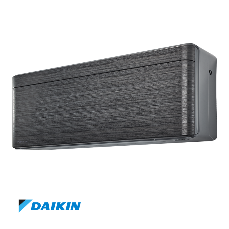 Daikin Stylish FTXA20BT inverter air conditioner with black wood indoor unit, white outdoor unit, remote control, 7,000 BTU capacity, Wi-Fi control, Coanda Effect, and energy-efficient R-32 refrigerant
