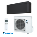 Daikin Stylish inverter air conditioner in black with remote control and outdoor unit featuring 14,000 BTU cooling and heating for rooms up to 33m².