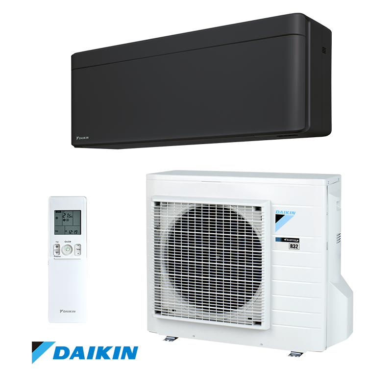 Daikin Stylish inverter air conditioner in black with remote control and outdoor unit featuring 14,000 BTU cooling and heating for rooms up to 33m².