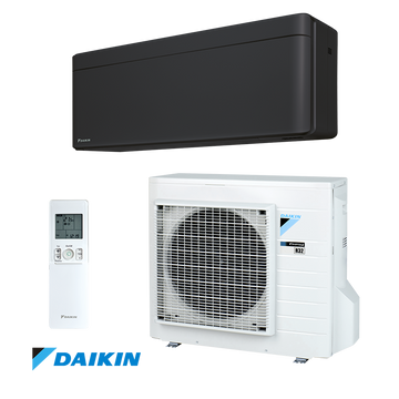 Daikin Stylish inverter air conditioner in black with remote control and outdoor unit featuring 14,000 BTU cooling and heating for rooms up to 33m².
