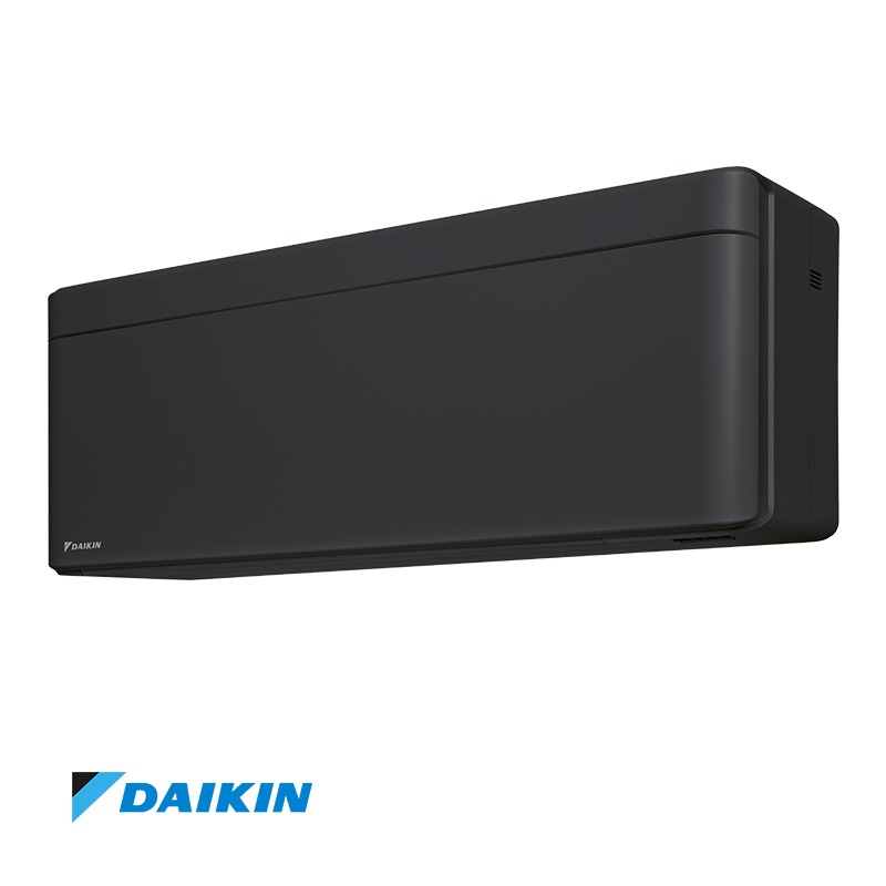 Daikin Stylish inverter air conditioner in black with remote control and outdoor unit featuring 14,000 BTU cooling and heating for rooms up to 33m².