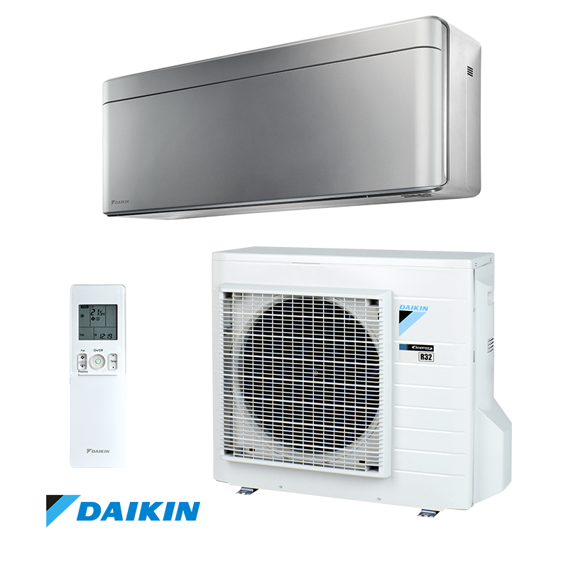 Daikin Stylish FTXA20BS + RXA20A inverter air conditioner with sleek indoor unit, outdoor compressor, remote control, Wi-Fi, Coanda effect, and energy-efficient cooling and heating.