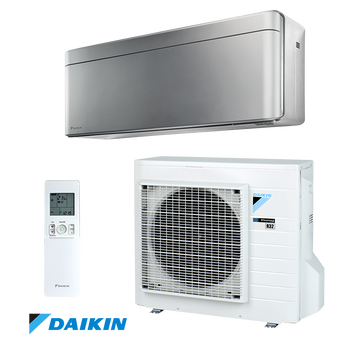 Daikin Stylish FTXA20BS + RXA20A inverter air conditioner with sleek indoor unit, outdoor compressor, remote control, Wi-Fi, Coanda effect, and energy-efficient cooling and heating.