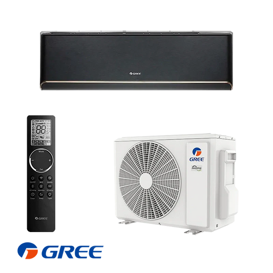 Gree Airy GWH12AVCXD-K6DNA1A black inverter air conditioner with remote and outdoor unit, 12,000 BTU, Wi-Fi, A+++/A++ energy rating, for rooms up to 24m².