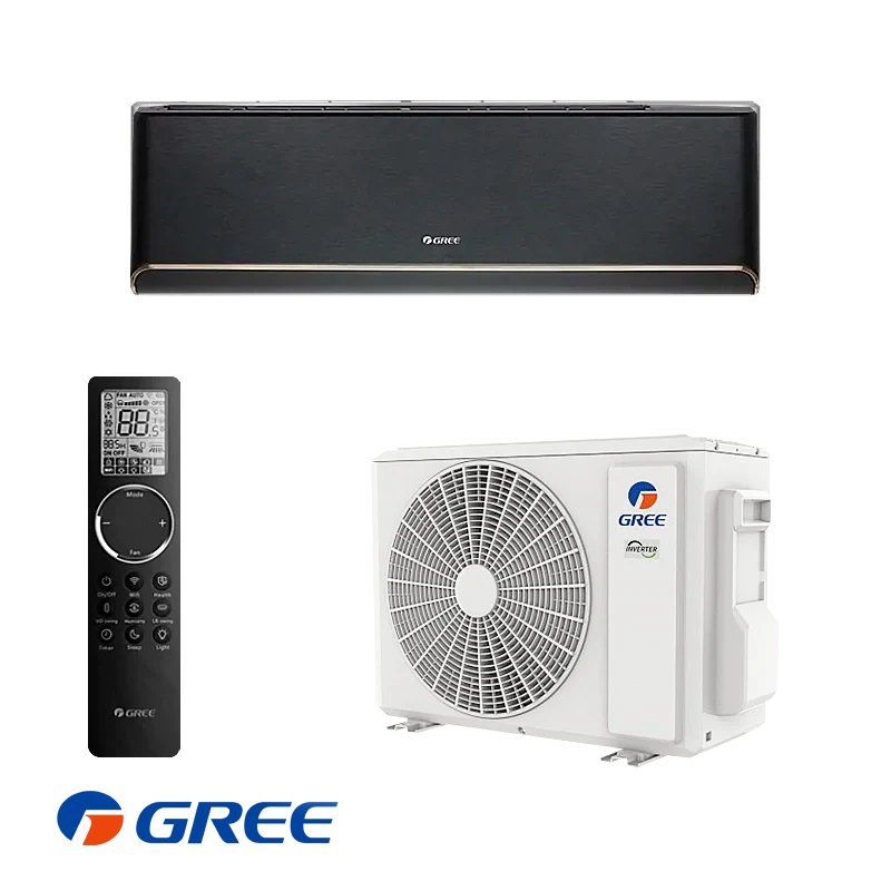 Gree Airy GWH24AVEXF-K6DNA1A black inverter air conditioner with remote and outdoor unit for rooms up to 48m², 24,000 BTU, Wi-Fi enabled, energy class A+++ cooling and A++ heating.