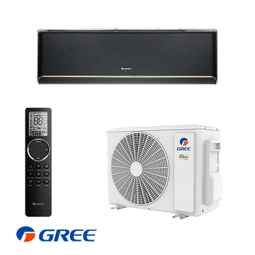 Gree Airy GWH24AVEXF-K6DNA1A black inverter air conditioner with remote and outdoor unit for rooms up to 48m², 24,000 BTU, Wi-Fi enabled, energy class A+++ cooling and A++ heating.