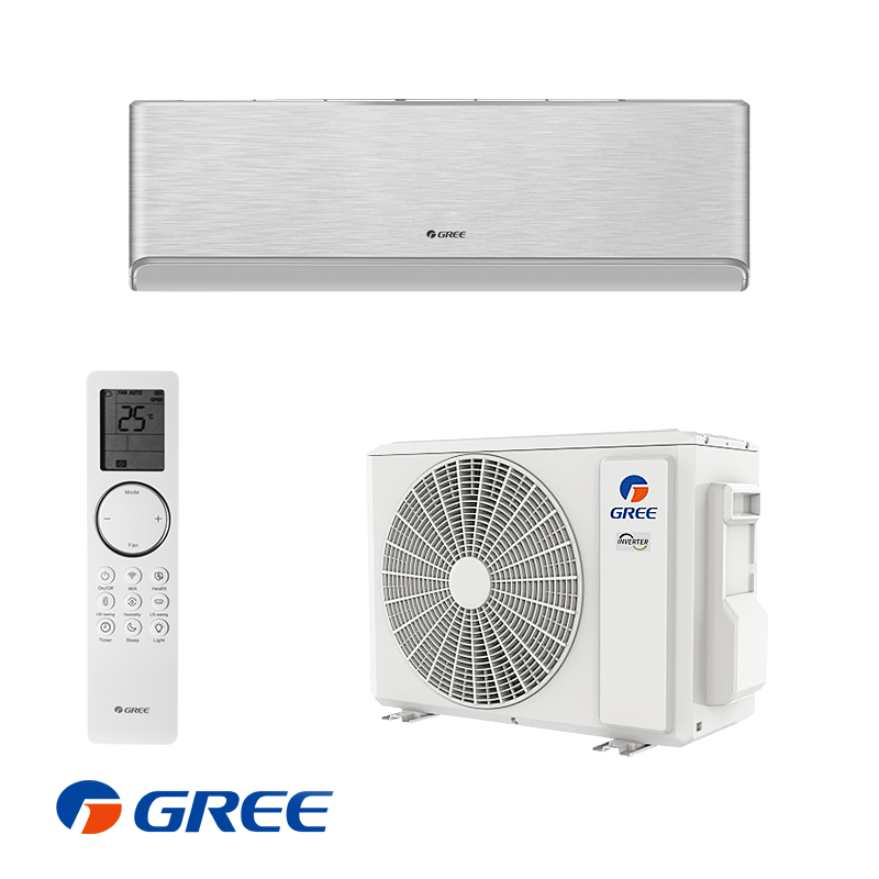 Gree Airy GWH09AVCXB-K6DNA1B silver inverter air conditioner with 9000 BTU, remote control, and compact outdoor unit