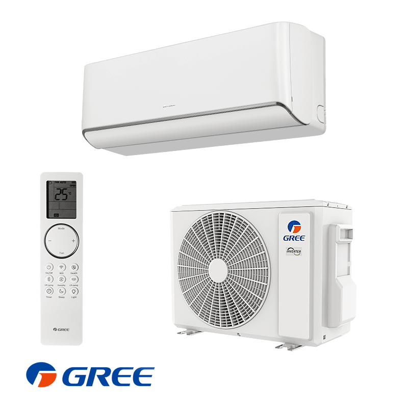 Gree Airy GWH12AVCXD-K6DNA1A inverter air conditioner with 12,000 BTU, Wi-Fi control, UV-C air purification, and energy-efficient A+++/A++ rating for rooms up to 24 square meters.