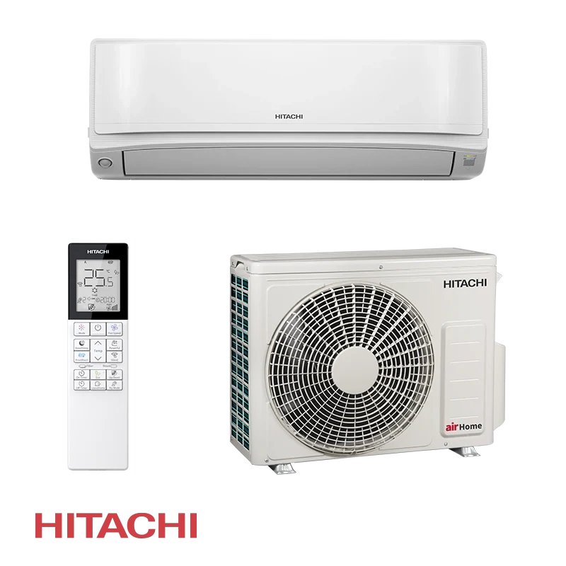 HITACHI AIRHOME 600 Air Conditioner with indoor unit, outdoor unit, and remote control, 12,000 BTU, A+++ / A++ energy rating, Wi-Fi enabled, suitable for up to 26 sqm rooms.
