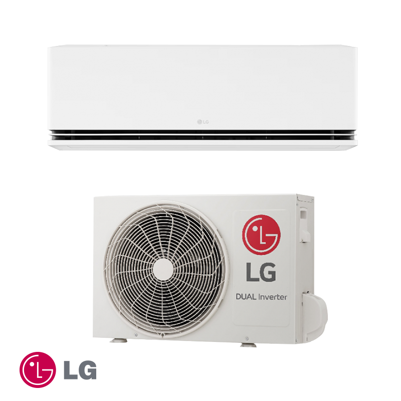 LG New Deluxe H09S1D inverter air conditioner with 9000 BTU, Wi-Fi, A+++, ionizer, and R-32 refrigerant, featuring sleek design and energy-efficient cooling and heating.