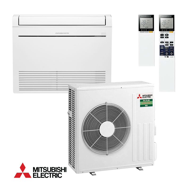 Mitsubishi Electric inverter air conditioner MFZ-KT60VG floor standing unit with SUZ-M60VA outdoor unit and remote controls, 21,000 BTU, energy-efficient cooling and heating.