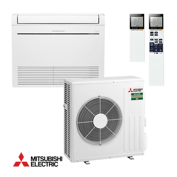 Mitsubishi Electric inverter air conditioner MFZ-KT60VG floor standing unit with SUZ-M60VA outdoor unit and remote controls, 21,000 BTU, energy-efficient cooling and heating.