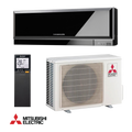 Mitsubishi Electric inverter air conditioner with sleek black indoor unit, white outdoor unit, and remote control for rooms up to 25 m²
