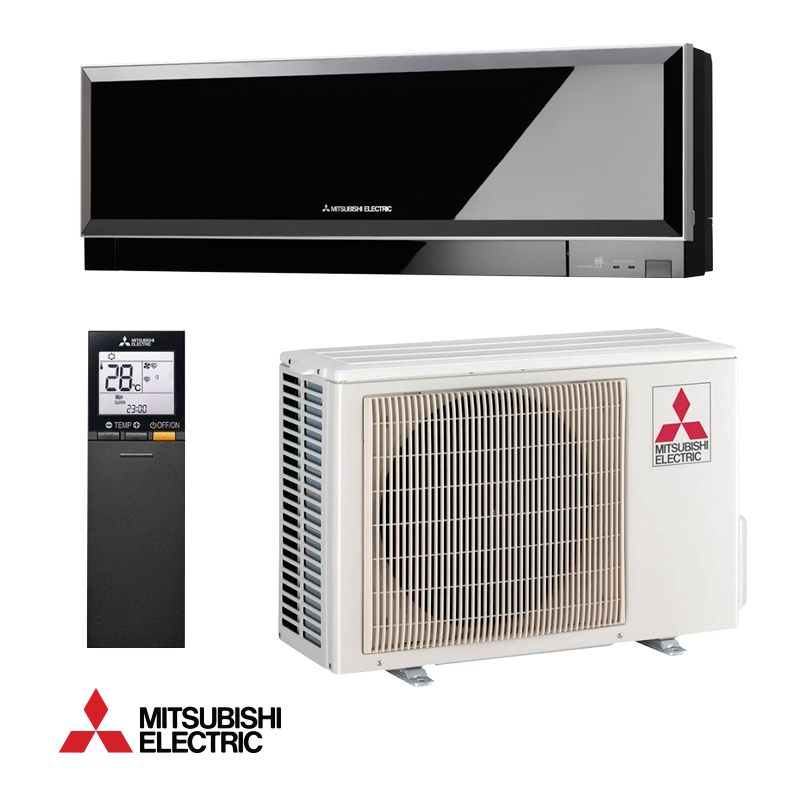 Mitsubishi Electric inverter air conditioner with sleek black indoor unit, white outdoor unit, and remote control for rooms up to 25 m²