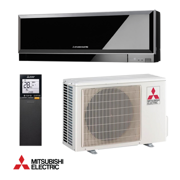 Mitsubishi Electric inverter air conditioner with sleek black indoor unit, white outdoor unit, and remote control for rooms up to 25 m²