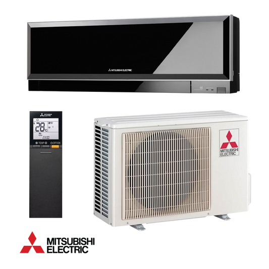 Mitsubishi Electric inverter Klimaanlage with sleek black Inneneinheit, white Außeneinheit, and Fernbedienung for rooms up to 25 m²