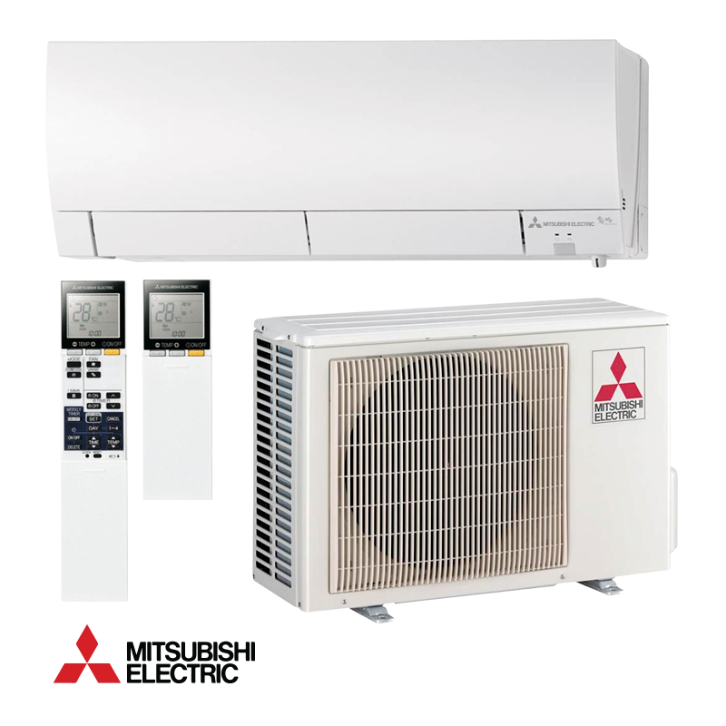 Mitsubishi Electric MSZ-FH35VE + MUZ-FH35VE inverter air conditioner with indoor and outdoor units, dual remote controls, energy-efficient cooling and heating, and advanced sensors.