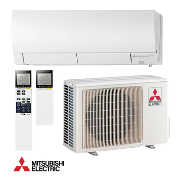 Mitsubishi Electric MSZ-FH35VE + MUZ-FH35VE inverter air conditioner with indoor and outdoor units, dual remote controls, energy-efficient cooling and heating, and advanced sensors.