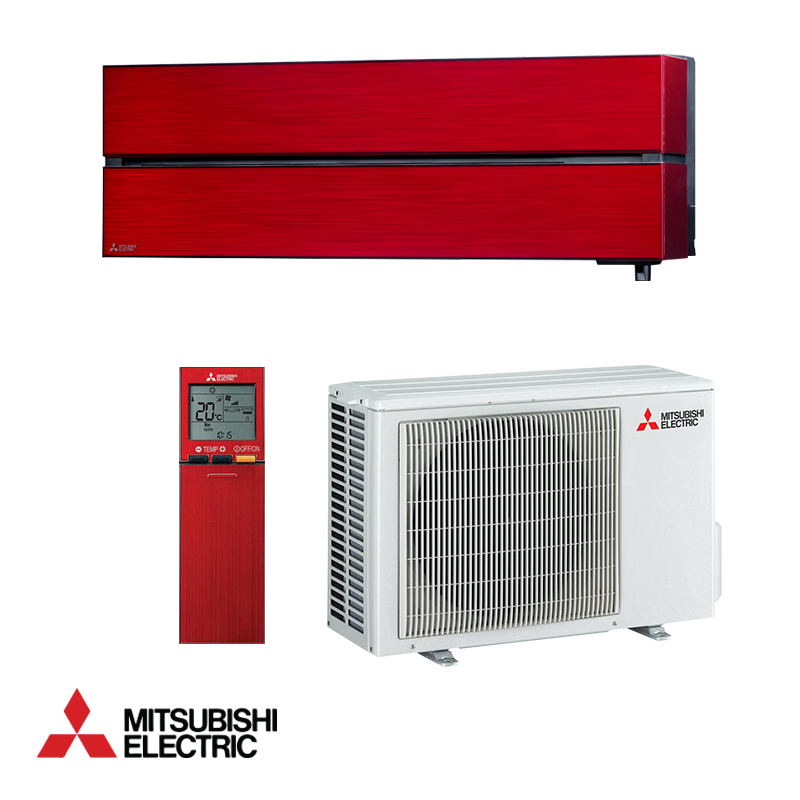 Mitsubishi Electric MSZ-LN25VGR red inverter air conditioner with white outdoor unit and remote control, A+++ energy efficiency, ultra-quiet, smart sensor, Wi-Fi enabled.