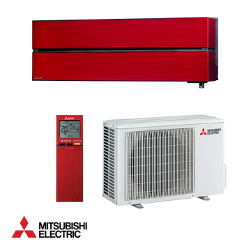 Mitsubishi Electric MSZ-LN25VGR red inverter air conditioner with white outdoor unit and remote control, A+++ energy efficiency, ultra-quiet, smart sensor, Wi-Fi enabled.