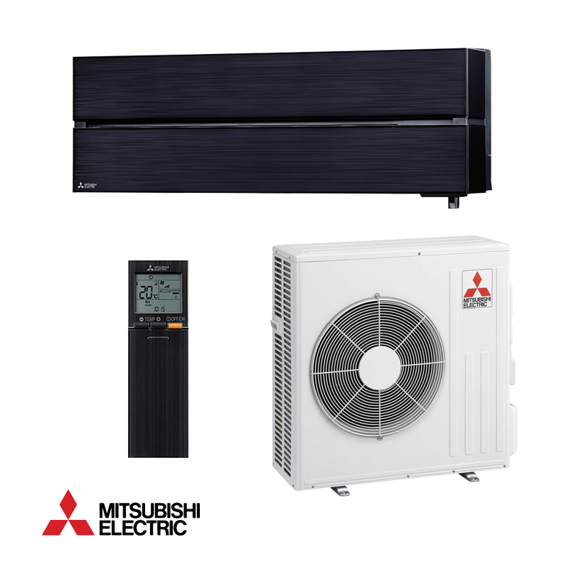 Mitsubishi Electric MSZ-LN60VGB + MUZ-LN60VG inverter air conditioner with sleek black indoor unit, white outdoor unit, and remote control.