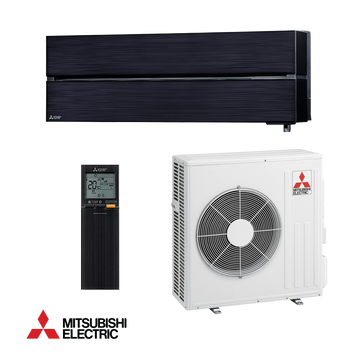 Mitsubishi Electric MSZ-LN60VGB + MUZ-LN60VG inverter air conditioner with sleek black indoor unit, white outdoor unit, and remote control.