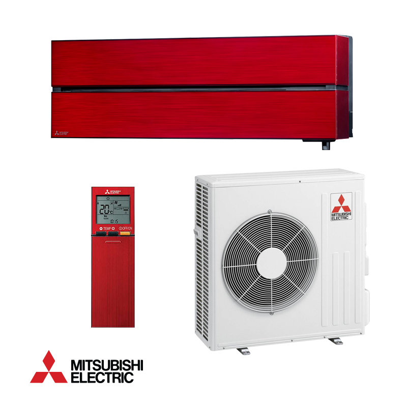 Mitsubishi Electric Inverter Air Conditioner MSZ-LN60VGR with red indoor unit, white outdoor unit, and remote control.