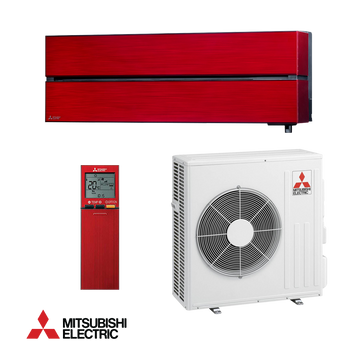Mitsubishi Electric Inverter Air Conditioner MSZ-LN60VGR with red indoor unit, white outdoor unit, and remote control.