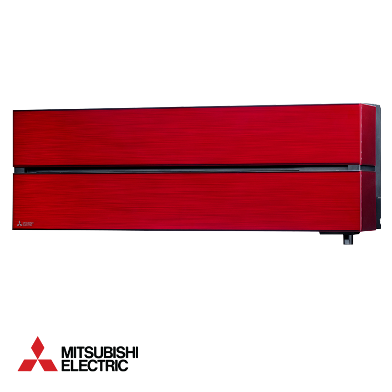Mitsubishi Electric MSZ-LN25VGR red inverter air conditioner with white outdoor unit and remote control, A+++ energy efficiency, ultra-quiet, smart sensor, Wi-Fi enabled.