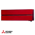 Mitsubishi Electric red inverter air conditioner indoor unit with sleek design and Wi-Fi control.