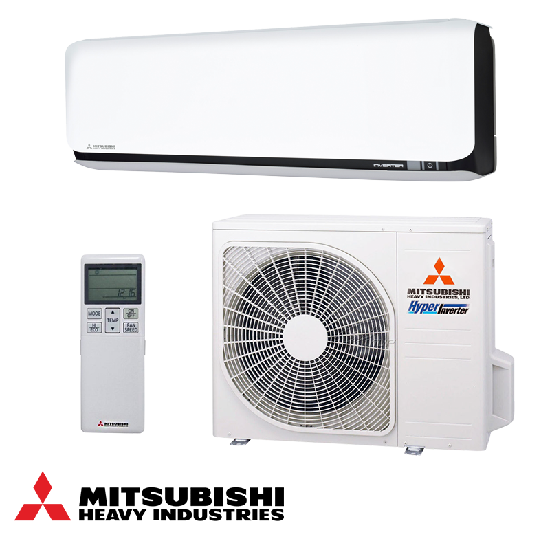 Mitsubishi Heavy Industries SRK50ZSX-WFB + SRC50ZSX-W inverter air conditioner with remote, 18,000 BTU cooling and heating, Wi-Fi, and advanced air purification.