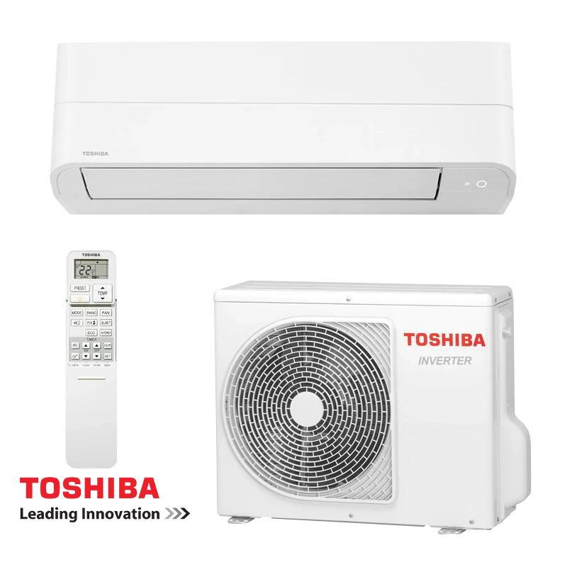Toshiba Essento RAS-B16B2KV2G-E inverter air conditioner set with indoor unit, outdoor compressor unit, and remote control for rooms up to 32m², 16,000 BTU, energy class A++/A+ and quiet operation.