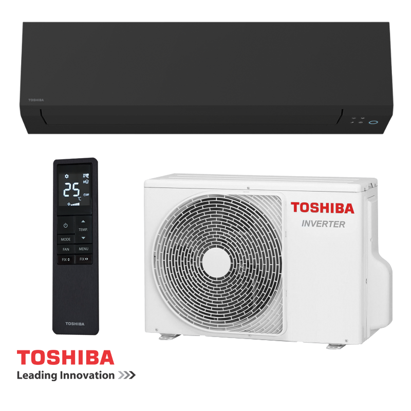 Toshiba Shorai Edge black inverter air conditioner with remote and outdoor unit for rooms up to 50m², Wi-Fi enabled, energy efficient, and quiet operation