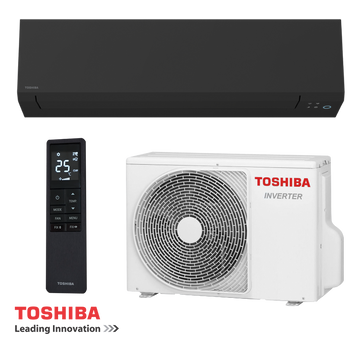 Toshiba Shorai Edge black inverter air conditioner with remote and outdoor unit for rooms up to 50m², Wi-Fi enabled, energy efficient, and quiet operation