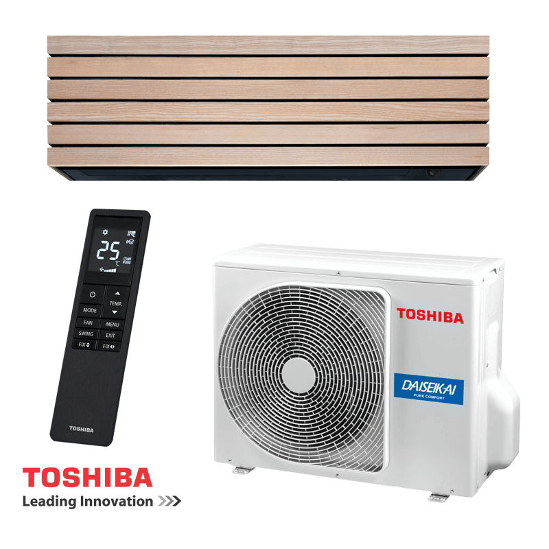 Toshiba Super Daiseikai 10 inverter air conditioner set with wooden indoor unit, remote control, and outdoor compressor unit