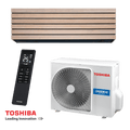 Toshiba Super Daiseikai 10 inverter air conditioner set with wooden indoor unit, remote control, and outdoor compressor unit