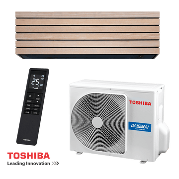 Toshiba Super Daiseikai 10 inverter air conditioner set with wooden indoor unit, remote control, and outdoor compressor unit
