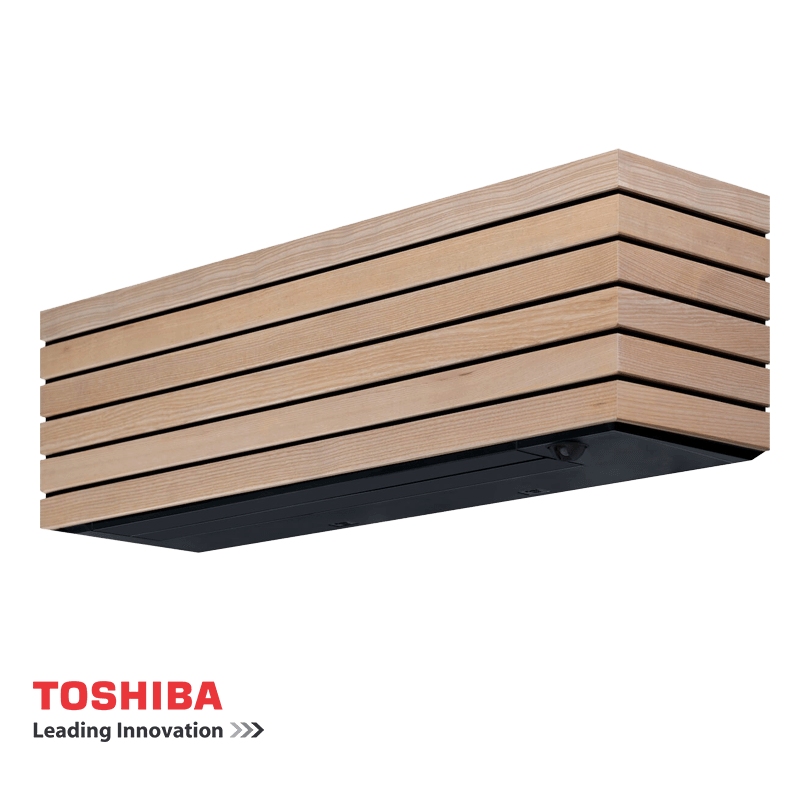 Toshiba Super Daiseikai 10 inverter air conditioner set with wooden indoor unit, remote control, and outdoor compressor unit