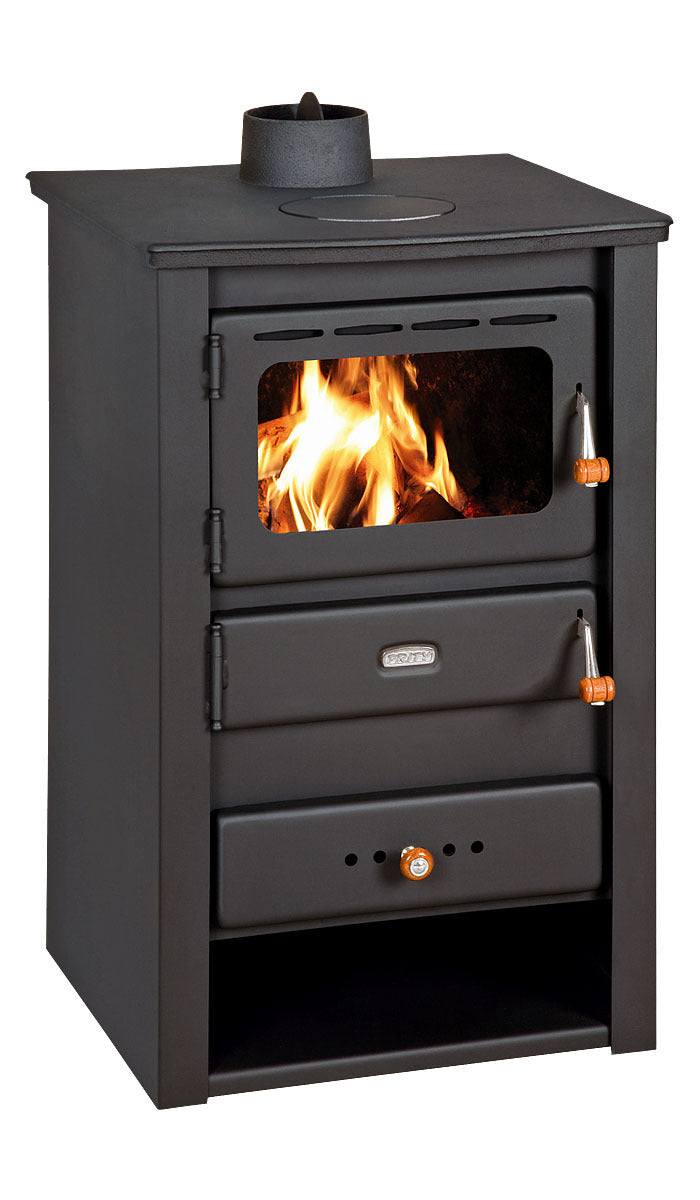 Fireplace PRITY K22 CP black wood stove with compact design and 10.4 kW heat output burning dry wood