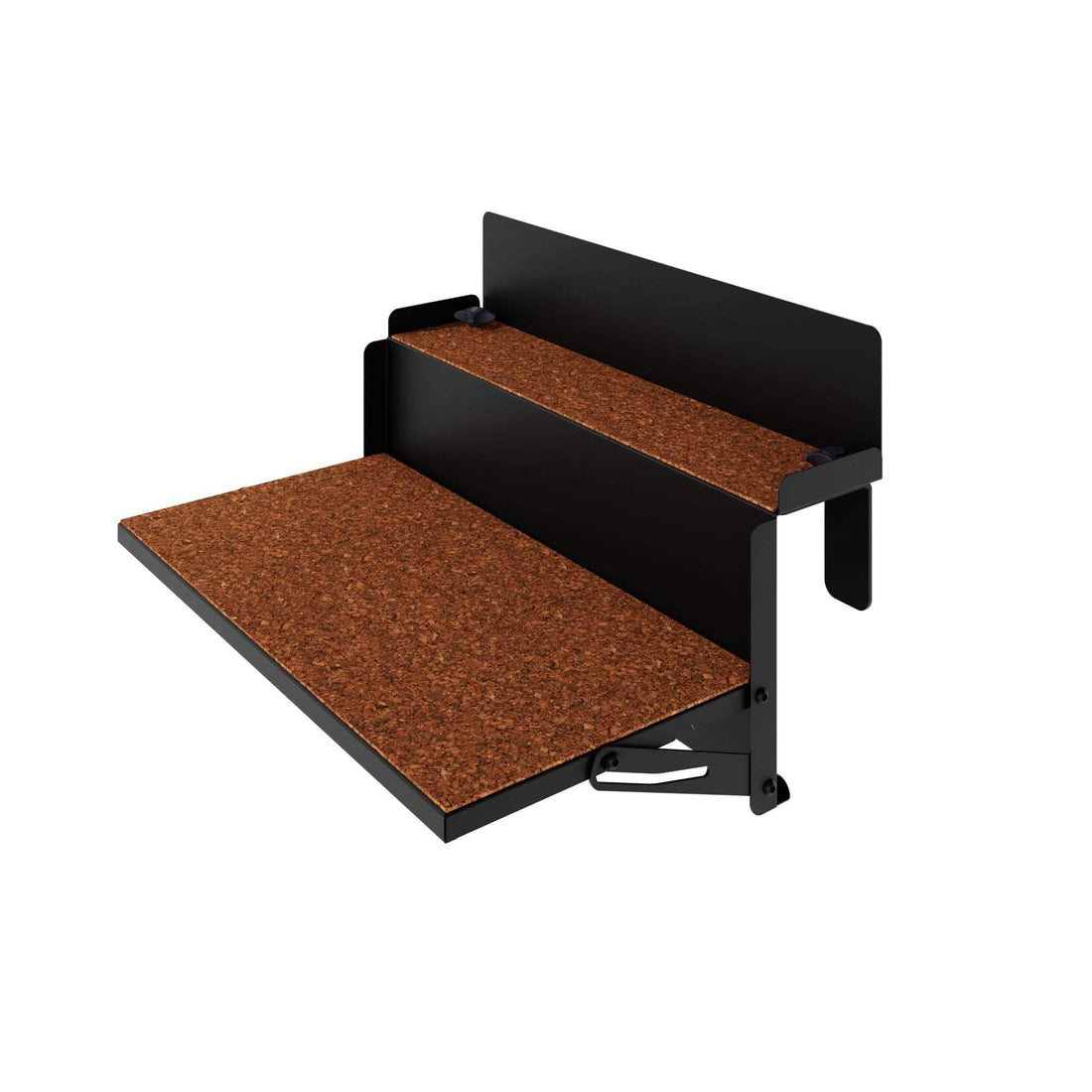 Compact black metal small balcony shelf with cork-lined surfaces for secure grip and foldable design.