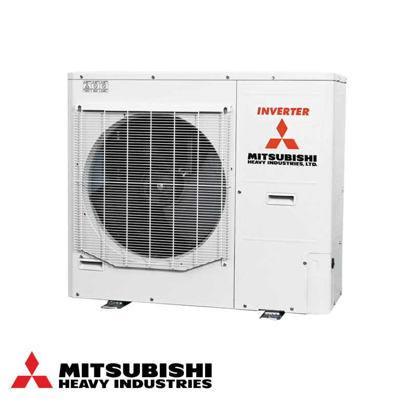 Mitsubishi Heavy Industries SRK100ZR-W + FDC100VNP inverter air conditioner outdoor unit with adaptive predictive control and energy-saving features.