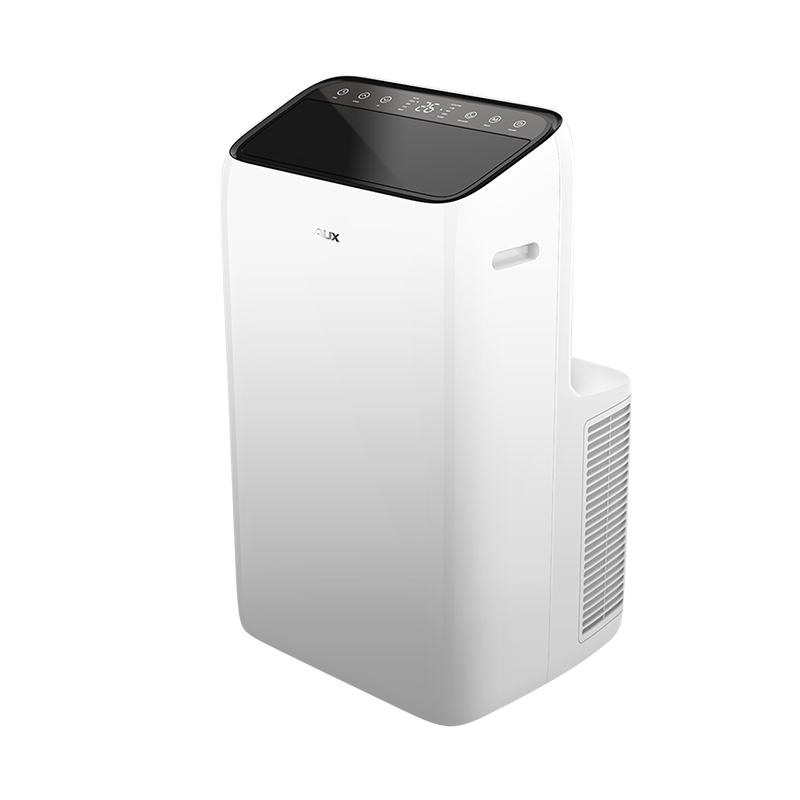 White AUX AM-12C4A4/QAR2-B6 mobile inverter air conditioner with black top panel and 360° rotating wheels for easy mobility