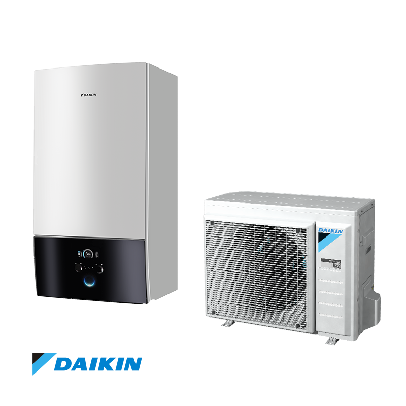 Daikin Altherma EHBX08E9W low-temperature heat pump with compact wall-mounted indoor unit and outdoor unit, eco-friendly R-32 refrigerant, for efficient heating and cooling.